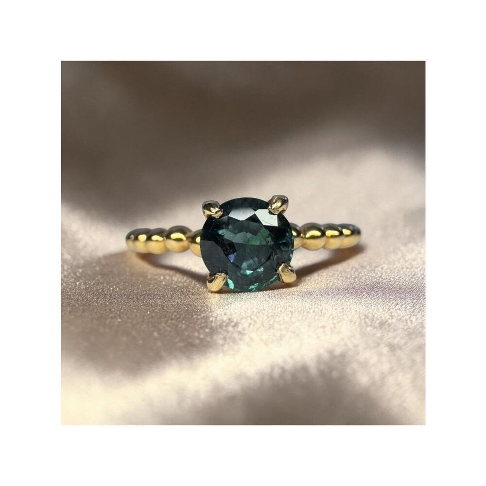 14K Gold Natural Teal Sapphire Ring Beaded Band Size 6 2/3ct Unheated Sapphire
